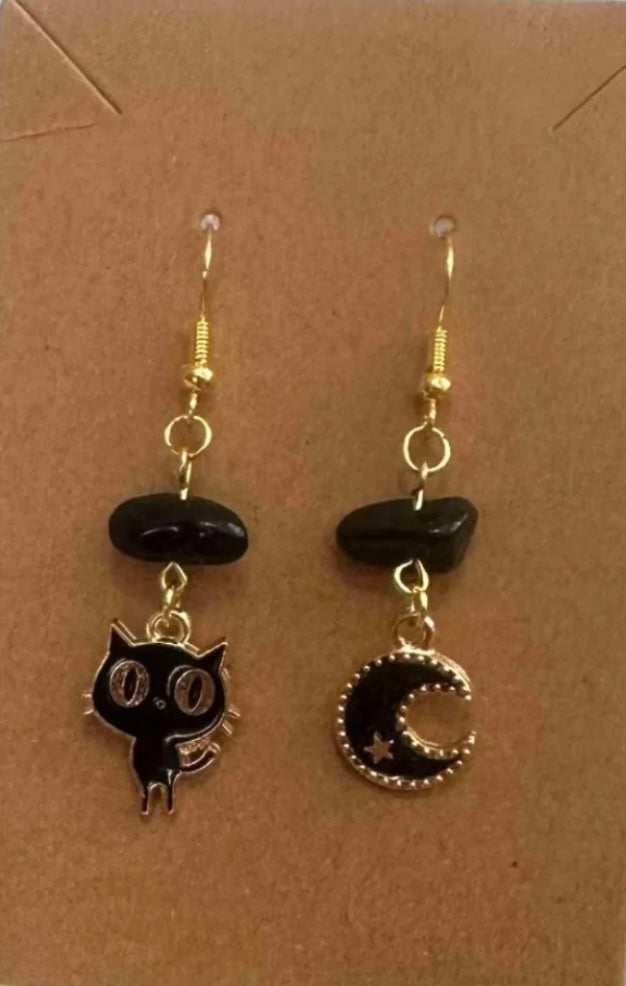 Cat and Moon Dangle Earrings