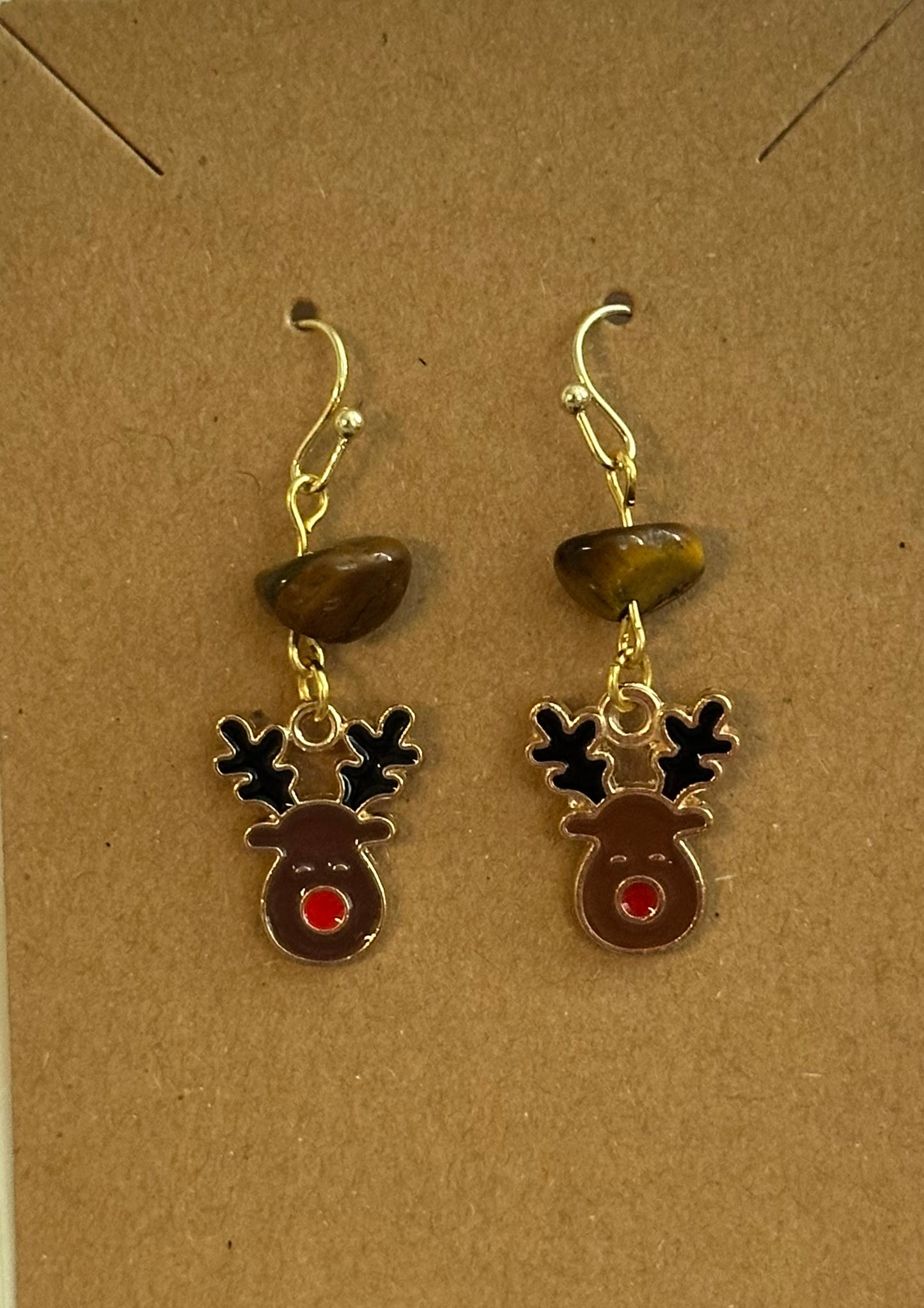 Tiger Eye Christmas Rudolph Dangle Earring