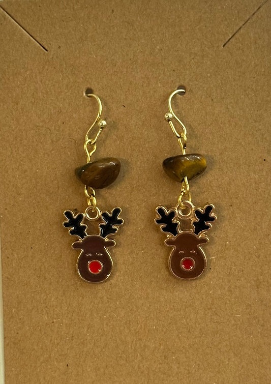 Tiger Eye Christmas Rudolph Dangle Earring
