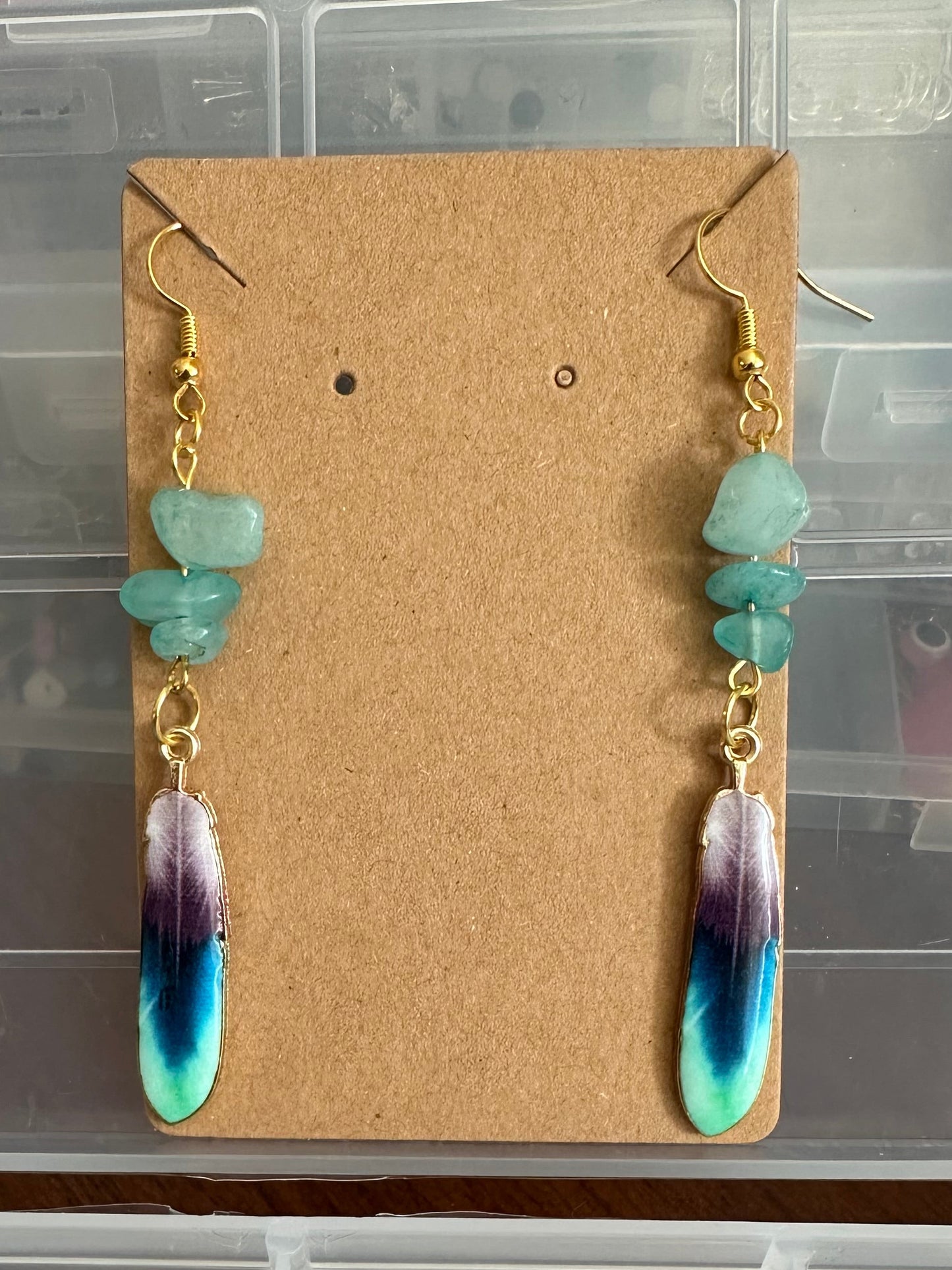 Aqua Stone & Ombre Feather Drop Earrings